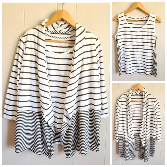 Talbots Tops - Talbots twin set cardigan tank top olive green white striped stretchy knit S